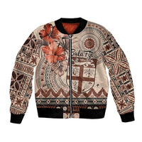 Vintage Bula Fiji Personalised Bomber Jacket Beige Hibiscus Tapa Pattern