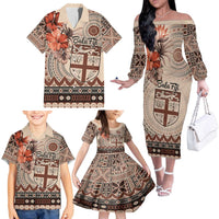 Vintage Bula Fiji Personalised Family Matching Off The Shoulder Long Sleeve Dress and Hawaiian Shirt Beige Hibiscus Tapa Pattern LT9 - Polynesian Pride