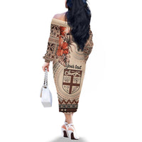 Vintage Bula Fiji Personalised Family Matching Off The Shoulder Long Sleeve Dress and Hawaiian Shirt Beige Hibiscus Tapa Pattern LT9 - Polynesian Pride