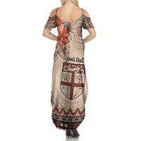 Vintage Bula Fiji Personalised Summer Maxi Dress Beige Hibiscus Tapa Pattern