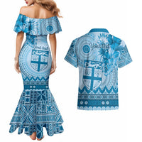 Vintage Bula Fiji Personalised Couples Matching Mermaid Dress and Hawaiian Shirt Blue Hibiscus Tapa Pattern