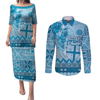 Vintage Bula Fiji Personalised Couples Matching Puletasi and Long Sleeve Button Shirt Blue Hibiscus Tapa Pattern