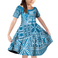 Vintage Bula Fiji Personalised Family Matching Off Shoulder Short Dress and Hawaiian Shirt Blue Hibiscus Tapa Pattern LT9 Daughter's Dress Blue - Polynesian Pride