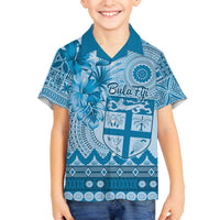 Vintage Bula Fiji Personalised Family Matching Off Shoulder Short Dress and Hawaiian Shirt Blue Hibiscus Tapa Pattern LT9 Son's Shirt Blue - Polynesian Pride