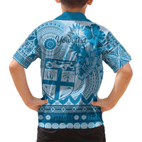 Vintage Bula Fiji Personalised Family Matching Short Sleeve Bodycon Dress and Hawaiian Shirt Blue Hibiscus Tapa Pattern LT9 - Polynesian Pride