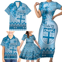 Vintage Bula Fiji Personalised Family Matching Short Sleeve Bodycon Dress and Hawaiian Shirt Blue Hibiscus Tapa Pattern LT9 - Polynesian Pride