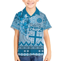 Vintage Bula Fiji Personalised Family Matching Short Sleeve Bodycon Dress and Hawaiian Shirt Blue Hibiscus Tapa Pattern LT9 Son's Shirt Blue - Polynesian Pride