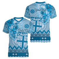 Vintage Bula Fiji Personalised Women V-Neck T-Shirt Blue Hibiscus Tapa Pattern
