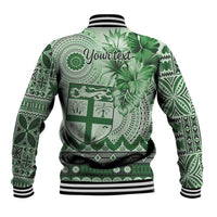 Vintage Bula Fiji Personalised Baseball Jacket Green Hibiscus Tapa Pattern