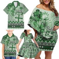 Vintage Bula Fiji Personalised Family Matching Off Shoulder Short Dress and Hawaiian Shirt Green Hibiscus Tapa Pattern LT9 - Polynesian Pride