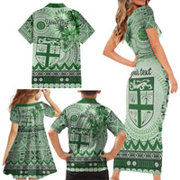 Vintage Bula Fiji Personalised Family Matching Short Sleeve Bodycon Dress and Hawaiian Shirt Green Hibiscus Tapa Pattern LT9 - Polynesian Pride