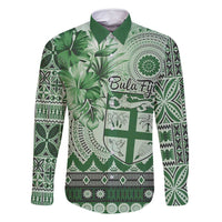Vintage Bula Fiji Personalised Family Matching Tank Maxi Dress and Hawaiian Shirt Green Hibiscus Tapa Pattern LT9 Dad's Shirt - Long Sleeve Green - Polynesian Pride