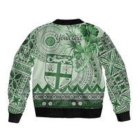 Vintage Bula Fiji Personalised Sleeve Zip Bomber Jacket Green Hibiscus Tapa Pattern