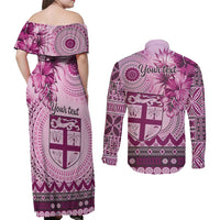 Vintage Bula Fiji Personalised Couples Matching Off Shoulder Maxi Dress and Long Sleeve Button Shirt Pink Hibiscus Tapa Pattern