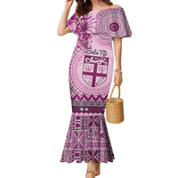 Vintage Bula Fiji Personalised Family Matching Mermaid Dress and Hawaiian Shirt Pink Hibiscus Tapa Pattern