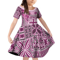 Vintage Bula Fiji Personalised Family Matching Off Shoulder Short Dress and Hawaiian Shirt Pink Hibiscus Tapa Pattern LT9 Daughter's Dress Pink - Polynesian Pride