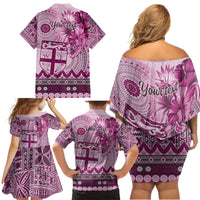 Vintage Bula Fiji Personalised Family Matching Off Shoulder Short Dress and Hawaiian Shirt Pink Hibiscus Tapa Pattern LT9 - Polynesian Pride