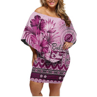 Vintage Bula Fiji Personalised Family Matching Off Shoulder Short Dress and Hawaiian Shirt Pink Hibiscus Tapa Pattern LT9 Mom's Dress Pink - Polynesian Pride