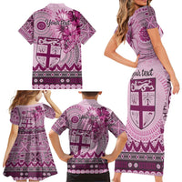Vintage Bula Fiji Personalised Family Matching Short Sleeve Bodycon Dress and Hawaiian Shirt Pink Hibiscus Tapa Pattern LT9 - Polynesian Pride