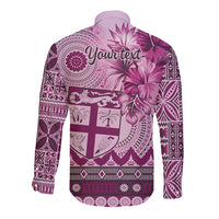Vintage Bula Fiji Personalised Long Sleeve Button Shirt Pink Hibiscus Tapa Pattern