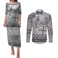 Vintage Bula Fiji Personalised Couples Matching Puletasi and Long Sleeve Button Shirt Beige Hibiscus Tapa Pattern