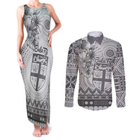 Vintage Bula Fiji Personalised Couples Matching Tank Maxi Dress and Long Sleeve Button Shirt Beige Hibiscus Tapa Pattern