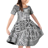 Vintage Bula Fiji Personalised Family Matching Off Shoulder Short Dress and Hawaiian Shirt Beige Hibiscus Tapa Pattern LT9 Daughter's Dress White - Polynesian Pride
