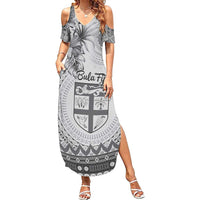 Vintage Bula Fiji Personalised Family Matching Summer Maxi Dress and Hawaiian Shirt Beige Hibiscus Tapa Pattern LT9 Mom's Dress White - Polynesian Pride