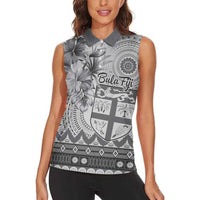 Vintage Bula Fiji Personalised Women Sleeveless Polo Shirt Beige Hibiscus Tapa Pattern