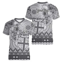 Vintage Bula Fiji Personalised Women V-Neck T-Shirt Beige Hibiscus Tapa Pattern