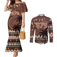 Personalised Bula Fiji 679 Couples Matching Mermaid Dress and Long Sleeve Button Shirt Fijian Tagimoucia Masi Tapa Art LT9 Brown - Polynesian Pride