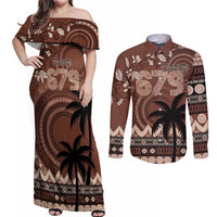 Personalised Bula Fiji 679 Couples Matching Off Shoulder Maxi Dress and Long Sleeve Button Shirt Fijian Tagimoucia Masi Tapa Art LT9 Brown - Polynesian Pride