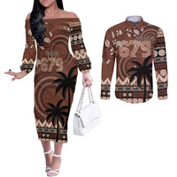Personalised Bula Fiji 679 Couples Matching Off The Shoulder Long Sleeve Dress and Long Sleeve Button Shirt Fijian Tagimoucia Masi Tapa Art LT9 Brown - Polynesian Pride