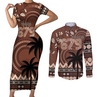 Personalised Bula Fiji 679 Couples Matching Short Sleeve Bodycon Dress and Long Sleeve Button Shirt Fijian Tagimoucia Masi Tapa Art LT9 Brown - Polynesian Pride