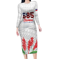 Personalised Samoa 685 Family Matching Long Sleeve Bodycon Dress and Hawaiian Shirt Teuila Flower With White Samoan Tattoo LT9 Mom's Dress White - Polynesian Pride