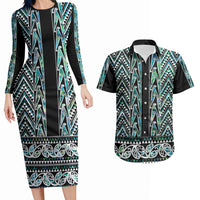 New Zealand Maori Niho Taniwha Couples Matching Long Sleeve Bodycon Dress and Hawaiian Shirt Papua Shell - Mangopare Puhoro Pattern LT9 Green - Polynesian Pride