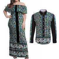 New Zealand Maori Niho Taniwha Couples Matching Off Shoulder Maxi Dress and Long Sleeve Button Shirt Papua Shell - Mangopare Puhoro Pattern