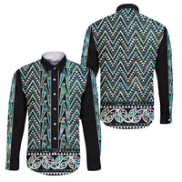 New Zealand Maori Niho Taniwha Family Matching Puletasi and Hawaiian Shirt Papua Shell - Mangopare Puhoro Pattern LT9 Dad's Shirt - Long Sleeve Green - Polynesian Pride