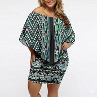 New Zealand Maori Niho Taniwha Off Shoulder Short Dress Papua Shell - Mangopare Puhoro Pattern LT9 Women Green - Polynesian Pride