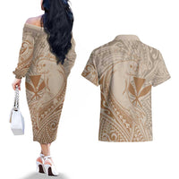 Hawaii Monk Seal and Map Couples Matching Off The Shoulder Long Sleeve Dress and Hawaiian Shirt Polynesian Kanaka Maoli Beige Vibe LT9 - Polynesian Pride