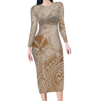 Hawaii Monk Seal and Map Long Sleeve Bodycon Dress Polynesian Kanaka Maoli Beige Vibe LT9 Long Dress Beige - Polynesian Pride