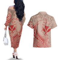 Hawaii Monk Seal and Map Couples Matching Off The Shoulder Long Sleeve Dress and Hawaiian Shirt Polynesian Kanaka Maoli Red Vibe LT9 - Polynesian Pride