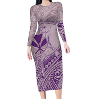 Hawaii Monk Seal and Map Family Matching Long Sleeve Bodycon Dress and Hawaiian Shirt Polynesian Kanaka Maoli Violet Vibe LT9 Mom's Dress Violet - Polynesian Pride