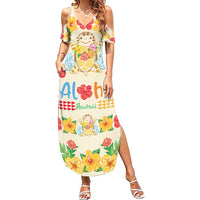 Kawaii Turtle Family Matching Summer Maxi Dress and Hawaiian Shirt Aloha Hibiscus Flowers LT9 Mom's Dress Beige - Polynesian Pride