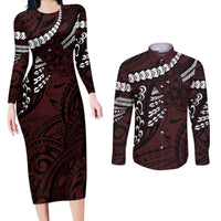 Polynesian Girl Tribal Tattoo Couples Matching Long Sleeve Bodycon Dress and Long Sleeve Button Shirt Oxbood Vibe