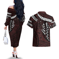 Polynesian Girl Tribal Tattoo Couples Matching Off The Shoulder Long Sleeve Dress and Hawaiian Shirt Oxbood Vibe