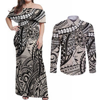 Polynesian Girl Tribal Tattoo Couples Matching Off Shoulder Maxi Dress and Long Sleeve Button Shirt Beige Vibe