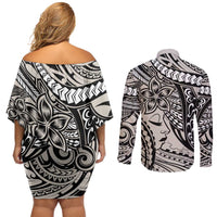 Polynesian Girl Tribal Tattoo Couples Matching Off Shoulder Short Dress and Long Sleeve Button Shirt Beige Vibe