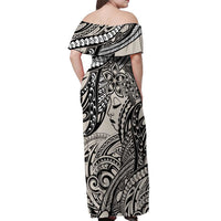 Polynesian Girl Tribal Tattoo Off Shoulder Maxi Dress Beige Vibe