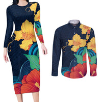 Polynesian Hibiscus Flower Waves Pattern Couples Matching Long Sleeve Bodycon Dress and Long Sleeve Button Shirt